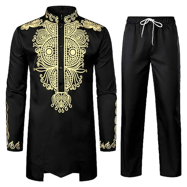 Traje tradicional de dos piezas para hombre de Cagnkofi: camisa bordada de manga larga con botones y pantalones, chándal.