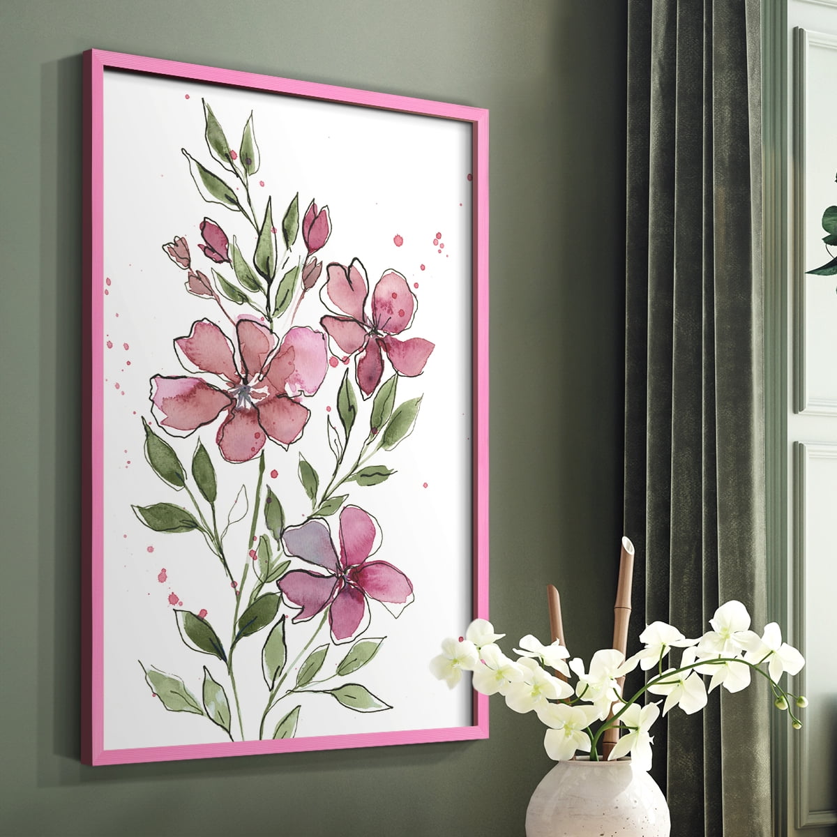 Watercolor Floral Stems I Framed Print in Pink Solid Wood 8 x 10 Framed Print