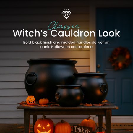Union Products 55120 12 Inch Plastic Witch Cauldron Spooky Halloween Decoration, Black
