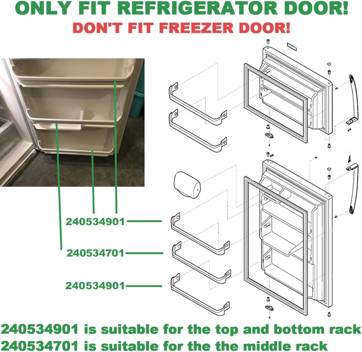 DanYee 240534701 240534901 Replacement Refrigerator Door Shelf Rail Compatible with Frigidaire Kenmore Refrigerator Rack Bar White (1X 240534701, 1X 240534901)
