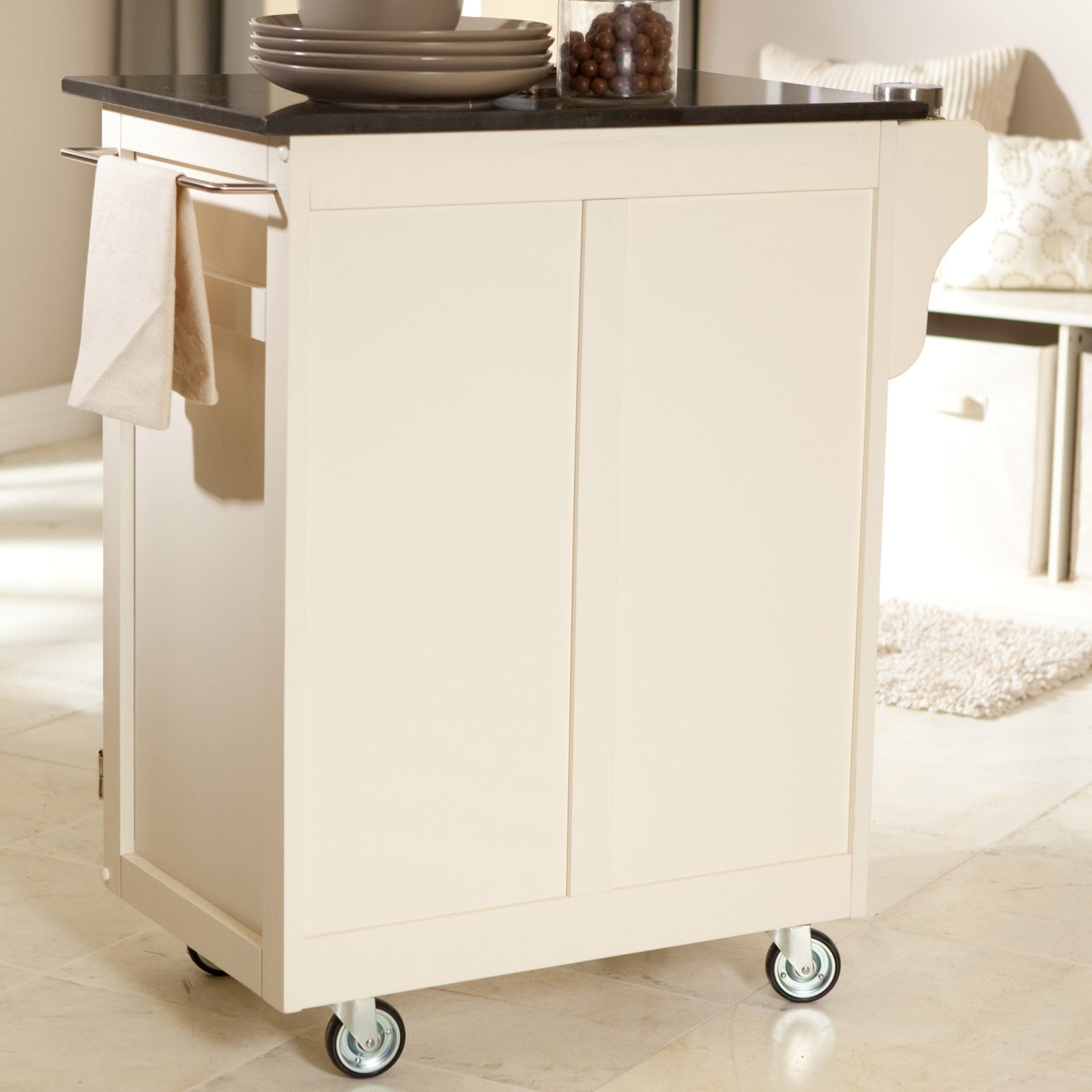 Home Styles Cuisine Kitchen Cart, White with Black Granite Top