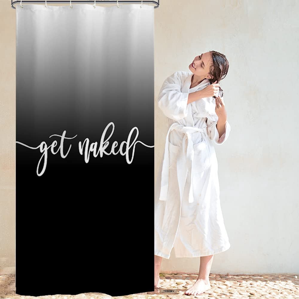 Stall Get Naked Shower Curtain Black Get Naked Grayish White to Black Funny Cute Art Fonts Words Fabric Machine Washable Bathroom Decor Set with Hook Bath Curtain 36 x 72 inches
