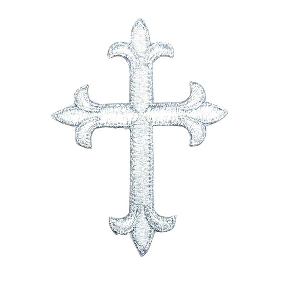 4" Silver Metallic Cross - Fleur De Lis - Religious - Iron On Applique/Embroidered Patch