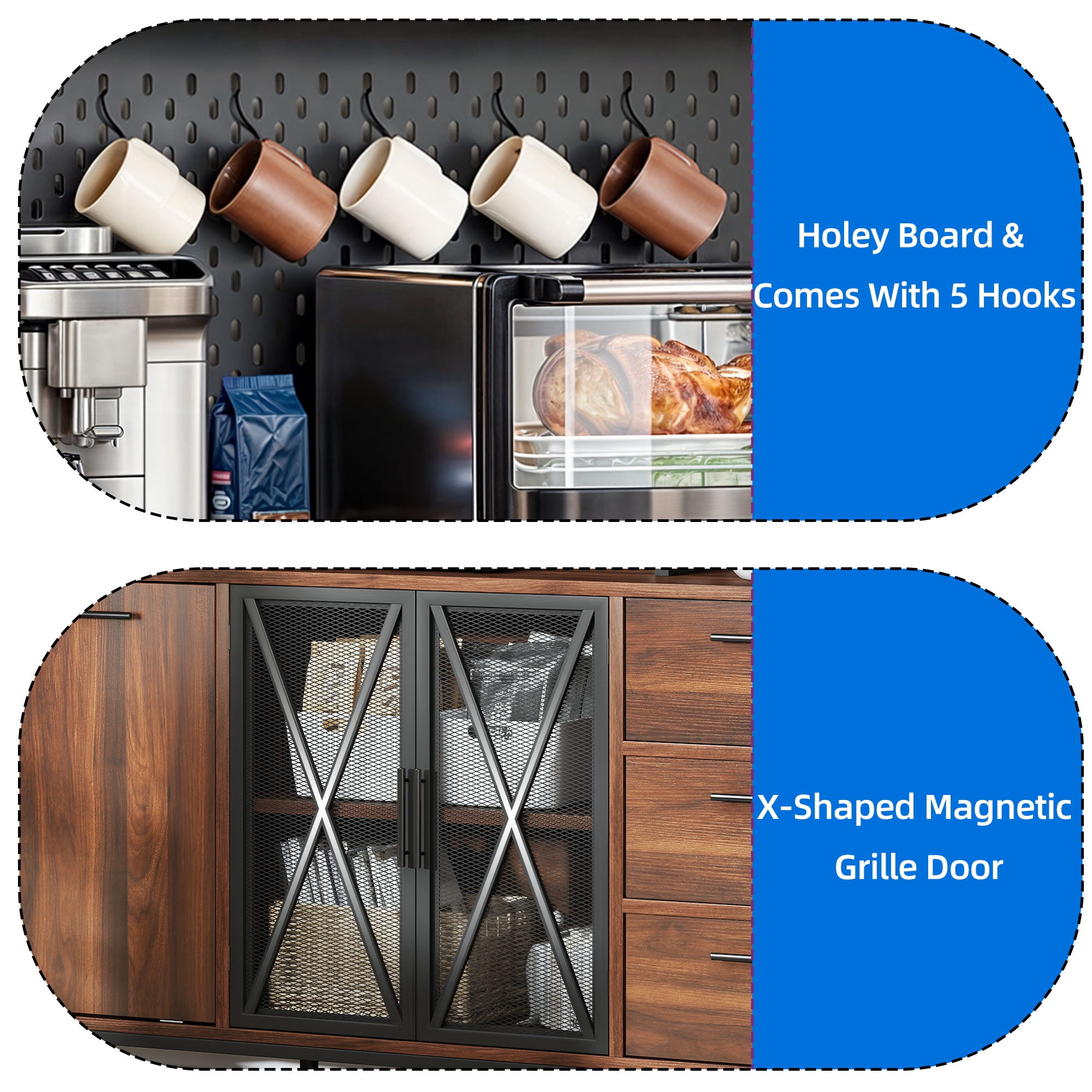 Uforic Pantry Cabinet with Power Outlets, Kitchen Buffet Hutch with Drawers and Storage Shelves, Brown