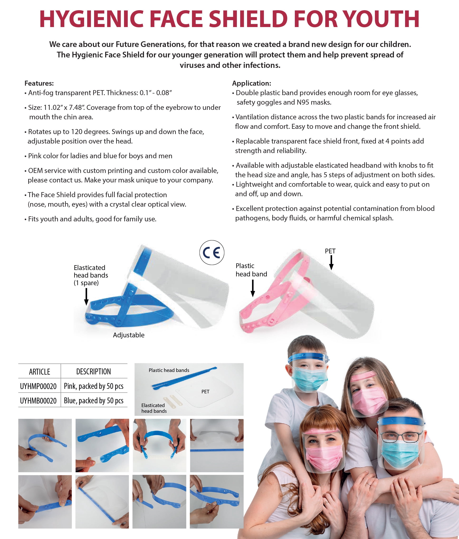M&T Displays Reusable Face Shield for Kids, Adjustable Transparent Full Face Protective Visor, Eye & Head Protection, Barrier Against Coughing, Sneezing and Spitting, Facial Cover (50 Pack, Pink)
