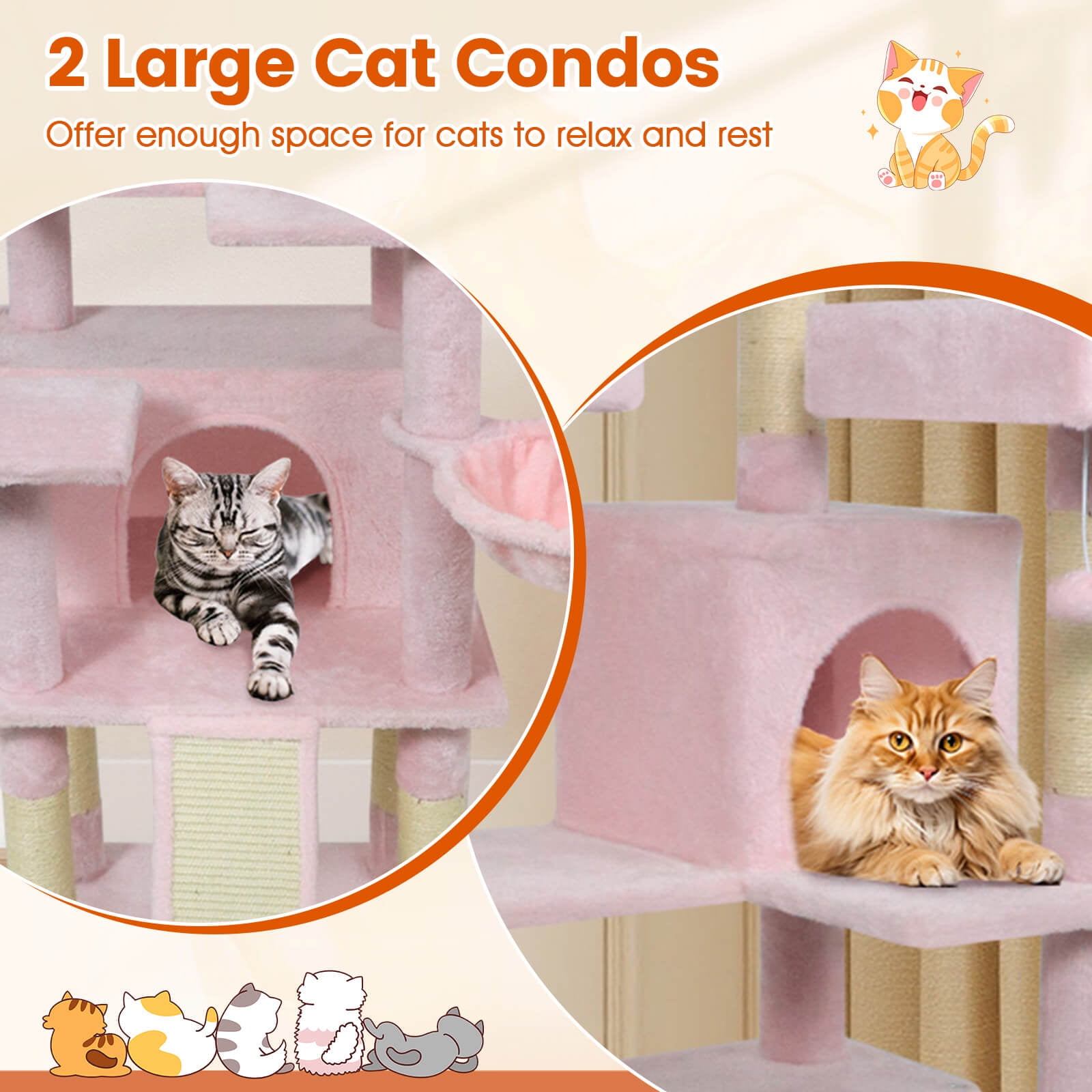 Costway 65” Tall Multi-level Cat Tree with 3 Upholstered Top Perch 2 Cat Condos Cat Basket Pink