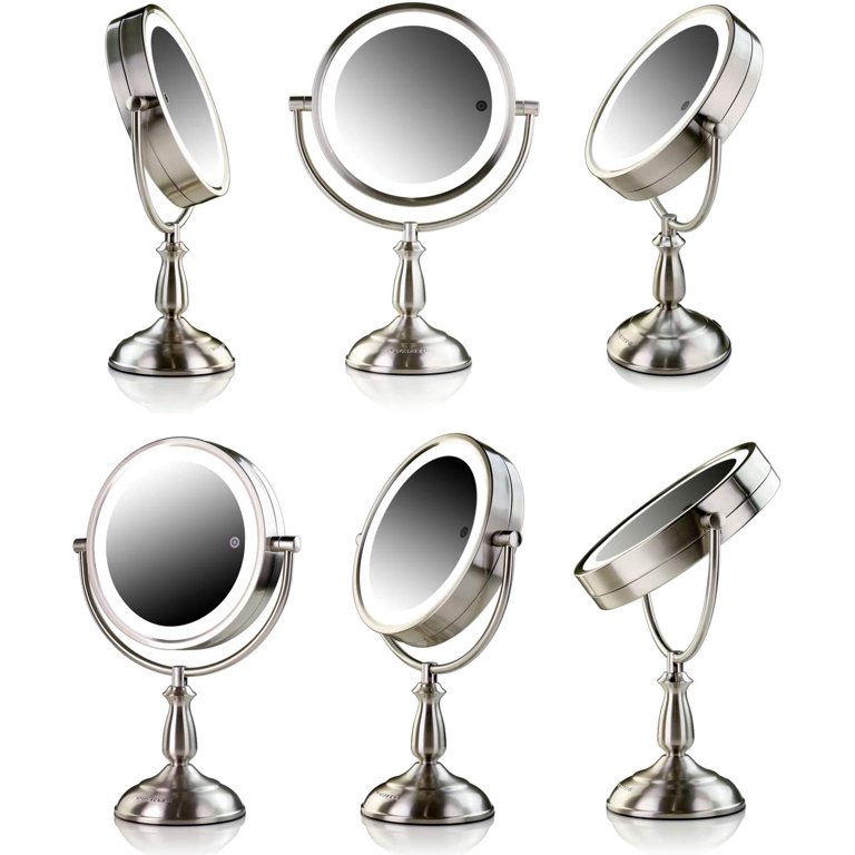Ovente 7 5 Lighted Tabletop Vanity Makeup Mirror 1x 7x Magnifier Spinning Double Sided Round Led 3 Tone Smart Touch Auto Shut Off Timer Battery Ac Plug Operated Nickel Brushed Mpt75br1x7x Ovente 7 5 Lighted Tabletop Vanity, Tabletop Illuminated Mirror