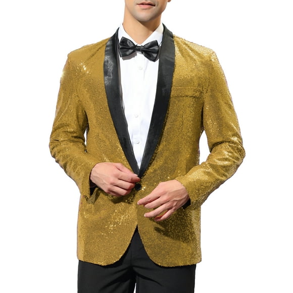 CHAQUETA DE DEPORTIVA CON LENTEJUELAS PARA HOMBRES INSPIRE CHIC, CON SOLAPA DE CHALECO, UN BOTÓN, BLAZER BRILLANTE PARA BODA EN DORADO