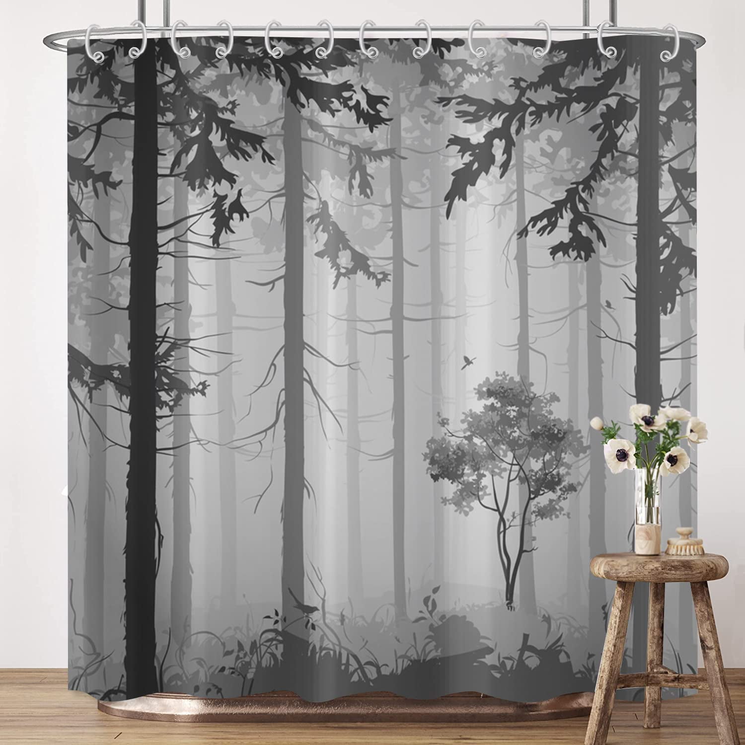 Autumn Foggy Forest Shower Curtain Fall Nature Misty Pine Tree Cool Woodland Landscape Bathroom