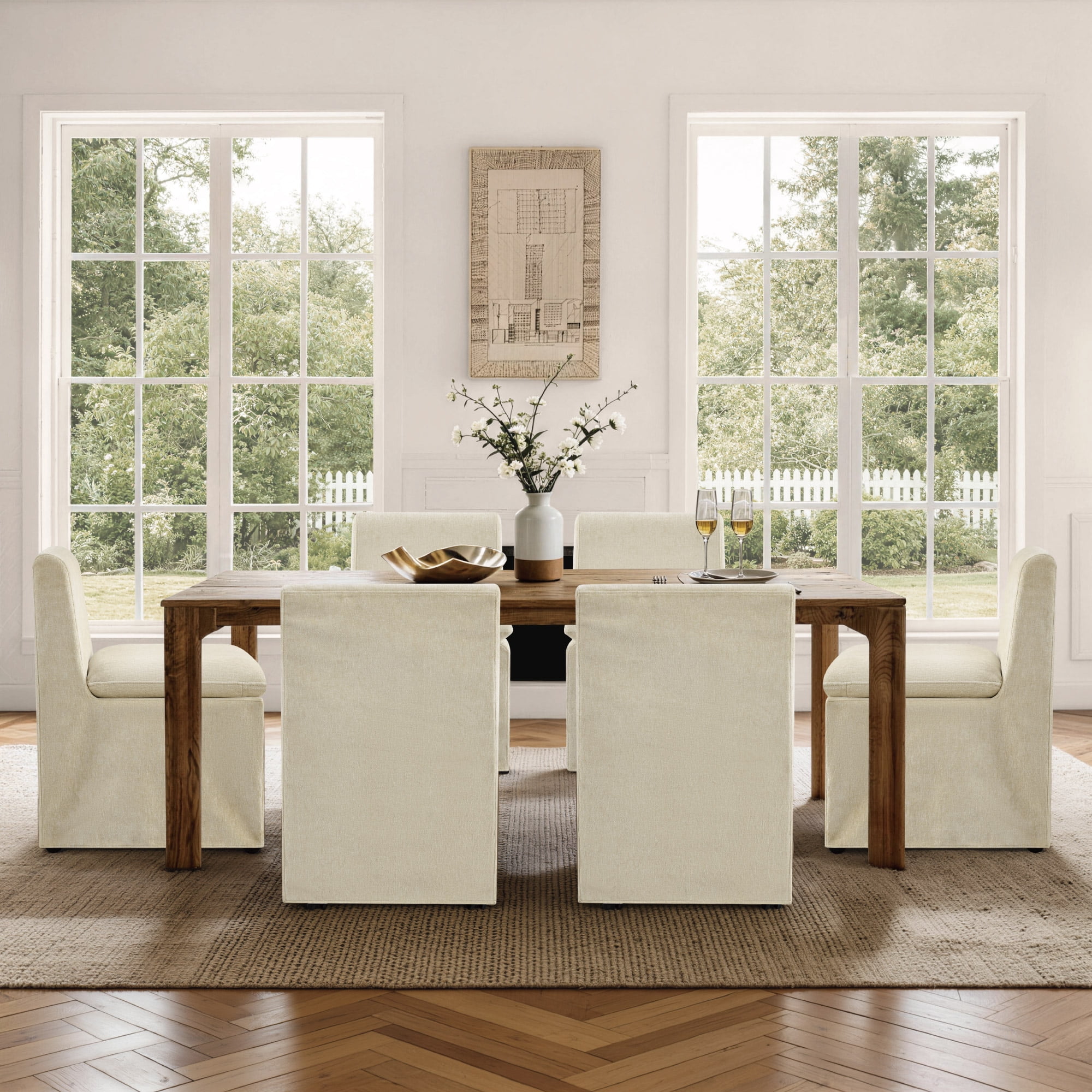 Spruce & Spring Armless Dining Chair with Casters and Washable Slipcover, Set of 2, Sand in Fabric