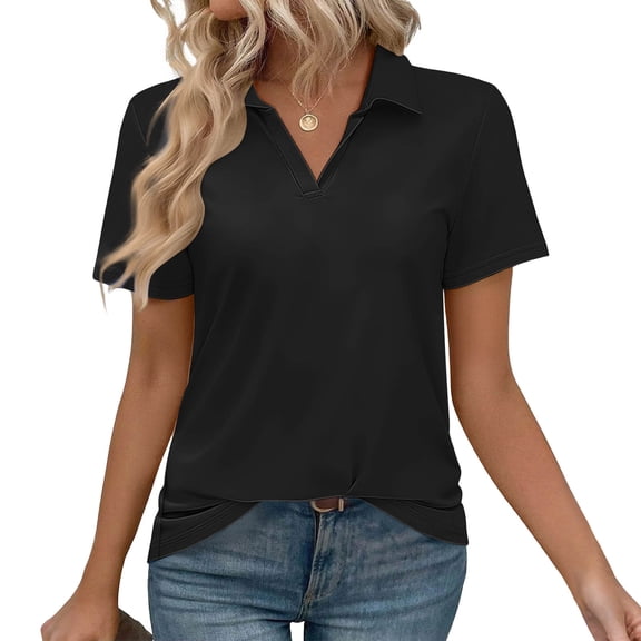 Cowsor Womens Collared V Neck Polo Shirts Solid Short Sleeve Twisted Hem Slim Fit Soft Stretchy Casual Daily Business Work Pullover Tops