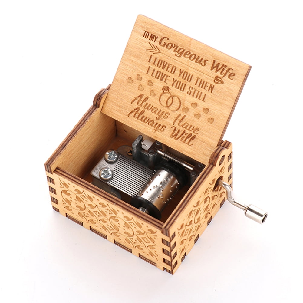 Handmade Wooden Engraved Hand Crank Music Box Birthday Gift for Kids
