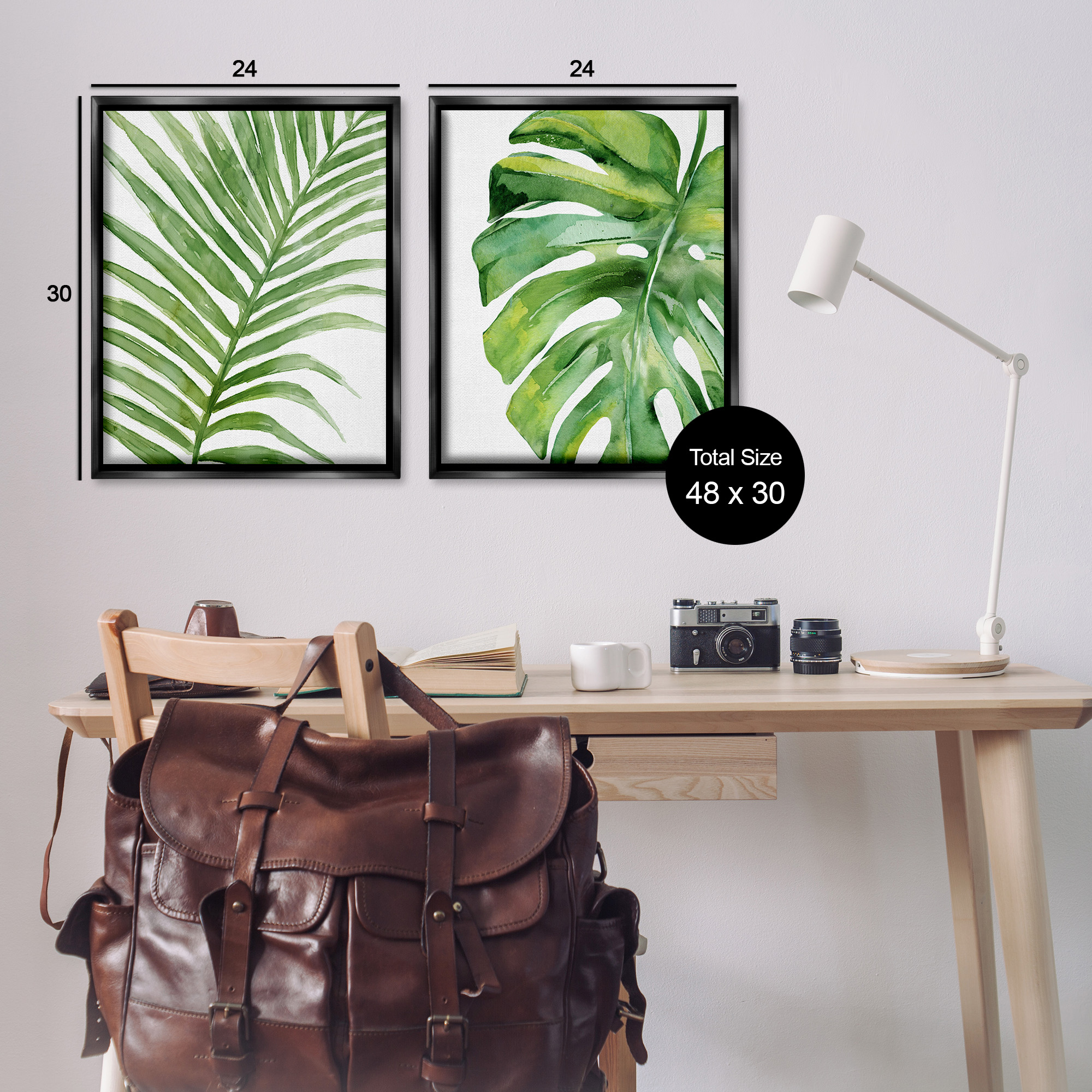 Stupell Industries Minimal Tropical Green Palms Botanical & Floral Painting Black Floater Framed Canvas Art Print Wall Art, 25 x 31, Set of 2