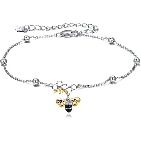 YAFEINI Bee Anklets Jewelry Gifts for Women Sterling Silver Bee Ankle Bracelets Chain Link with 2.5 inchs Extension Chain
