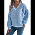 thumbnail image 1 of Suéter Informal de Larga con Cuello en V para Mujer, Jersey de Rayas Moderno de Punto , Suéteres Preppy. Azul L, 1 of 10