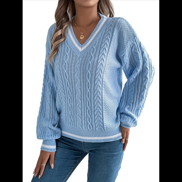 Suéter Informal de Larga con Cuello en V para Mujer, Jersey de Rayas Moderno de Punto , Suéteres Preppy. Azul M