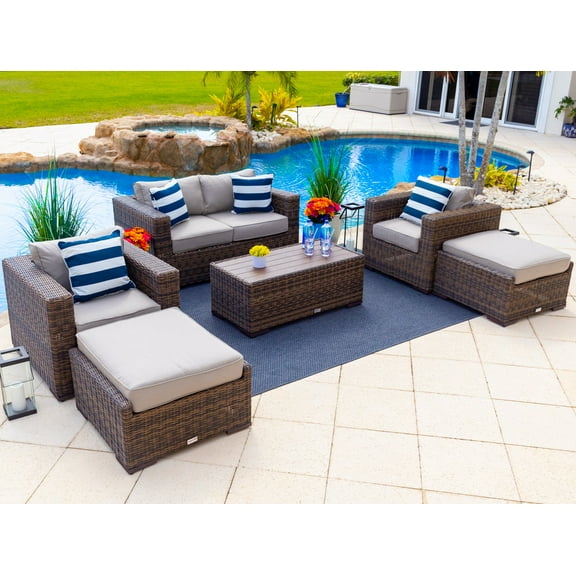 Tuscany 6-Piece M Resin Wicker Outdoor Patio Furniture Lounge Sofa Set in Brown w/ Loveseat, Two Armchairs, Two Ottomans, and Coffee Table (Half-Round Brown Wicker, Polyester Light Gray)