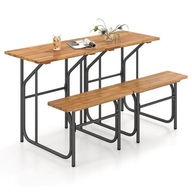 Costway 2 PCS Patio Table Bench Set Picnic Table & Seat with Acacia Wood Top Metal Legs