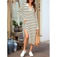 thumbnail image 4 of Womens Striped Sweater Dress Fall Chunky Knit V Neck Collared Long Sleeve Slit Loose Midi Dresses Beige M, 4 of 7