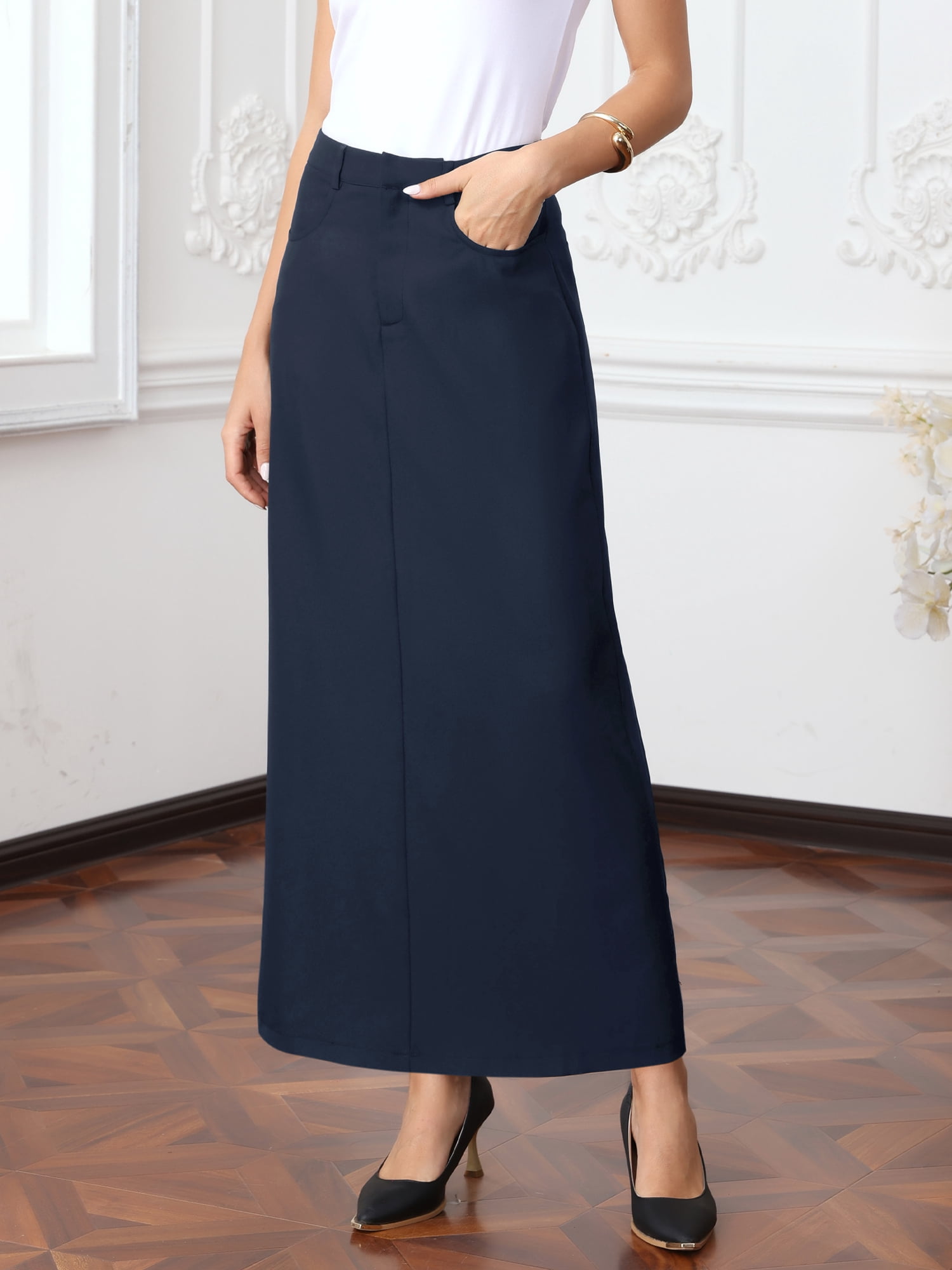 DARING DIVA Women's Pencil Long Skirt High Waist Pockets Midi Skirts XL Dark Blue