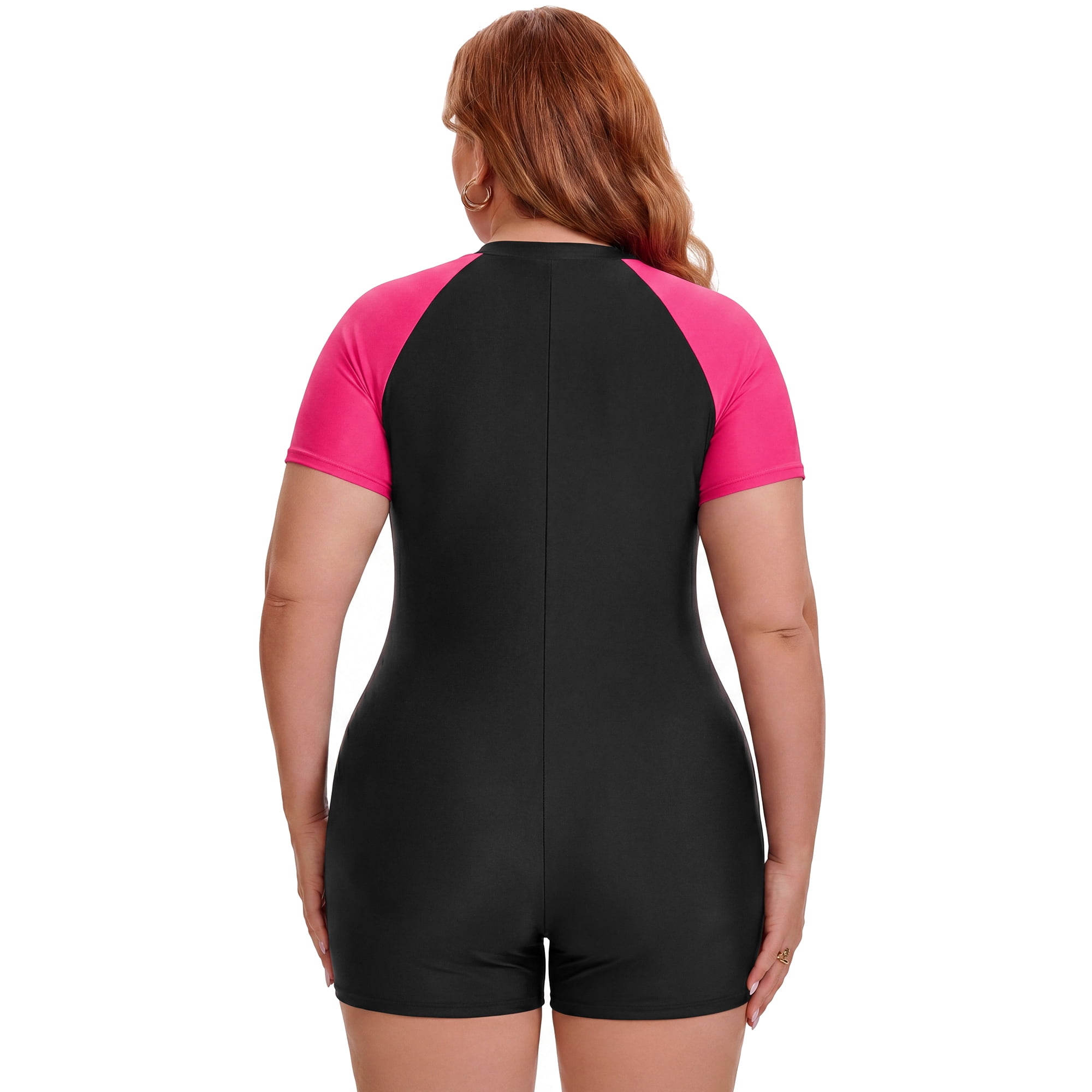 DARING DIVA Women's Plus 1 Piece Zip Front Short Sleeve Swimsuit L Black Pick
