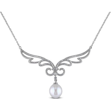 Miabella 10-10.5mm White Rice Cultured Freshwater Pearl and Diamond-Accent Sterling Silver Wings Necklace, 17