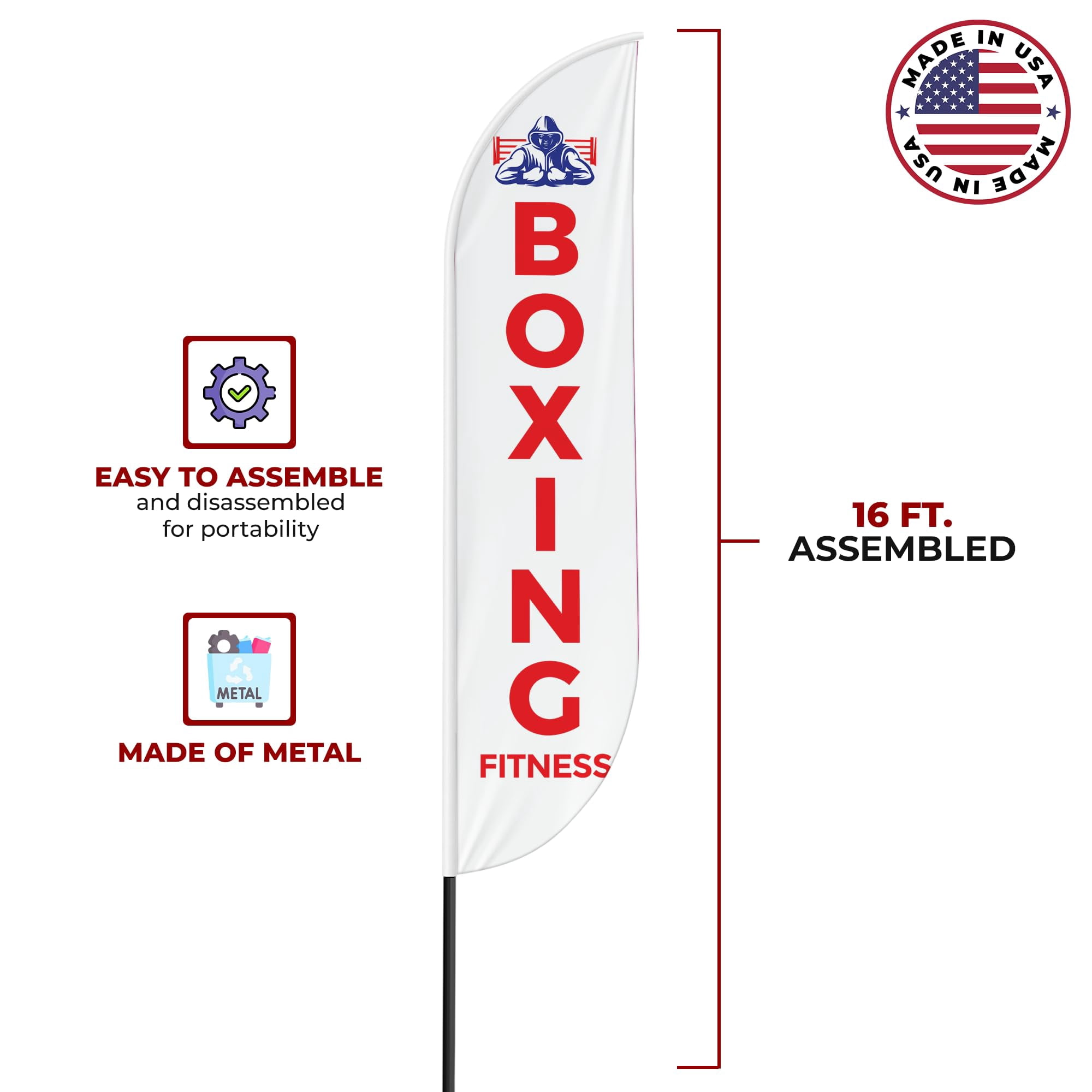 Boxing Fitness Sign feather flag Pole Kit for Outdoor by Mavis Printing|15 FEET Long Polyester Outdoor Banner Flag Stand Easy Hang|HD Print Swooper Flag Pole Mount to Advertise Boxing Fitness