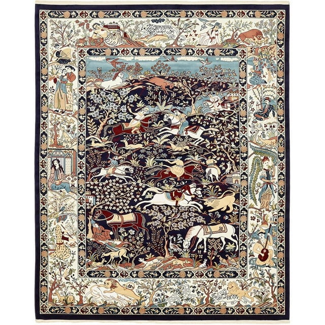 Unique Loom Narenj Hunting Scene Textured Rug 8' x 10' Rectangle Navy Blue/Tan