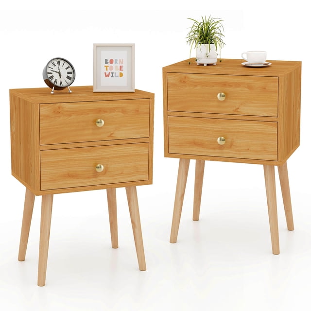 Costway Table de Nuit Moderne Mi-Siècle 2 Pcs avec 2 Tiroirs Pieds de Soutien en Bois Massif