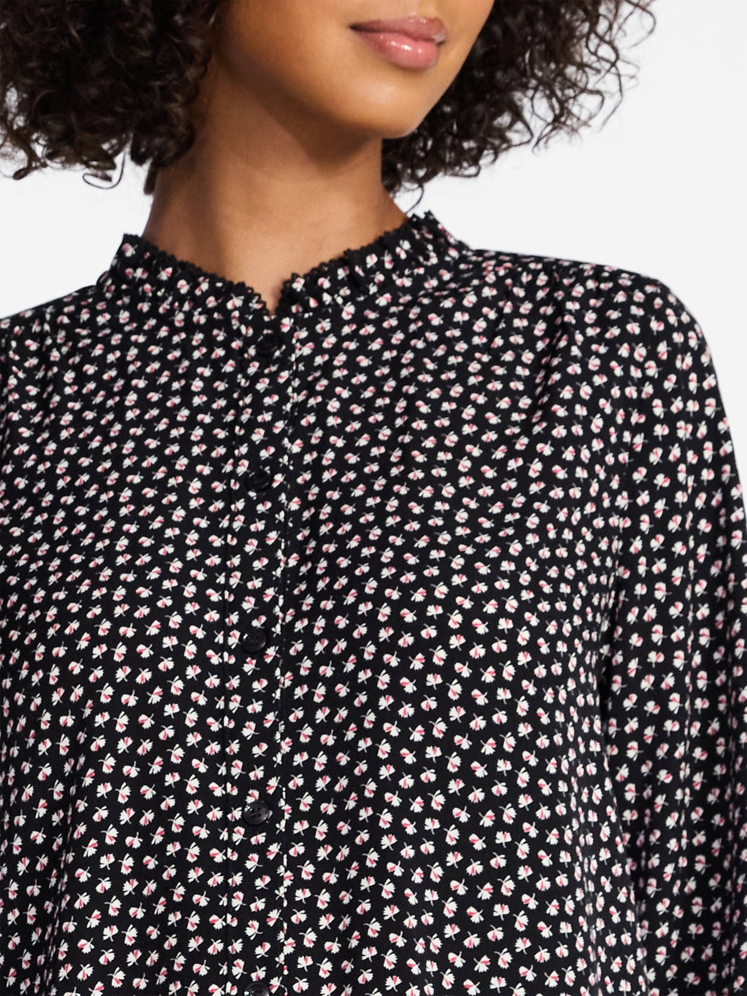Time and Tru Women's Ruffle Button Down Blouse with Long Sleeves, Sizes XS-XXXL
