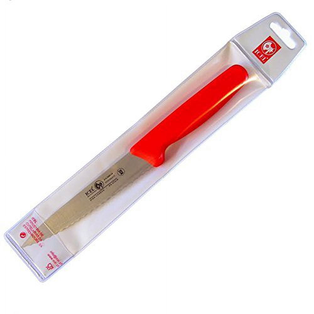 ICEL Cutlery 5 1/2-inch Stiff Boning Knife, Extra Wide Serrated Blade, Red Handle.