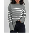 thumbnail image 4 of Odeerbi Fall Winter Striped Cotton Sweater For Women 2025 Long Sleeve Crew Neck Side Slit Oversized Pullover Sweater Gray, 4 of 5