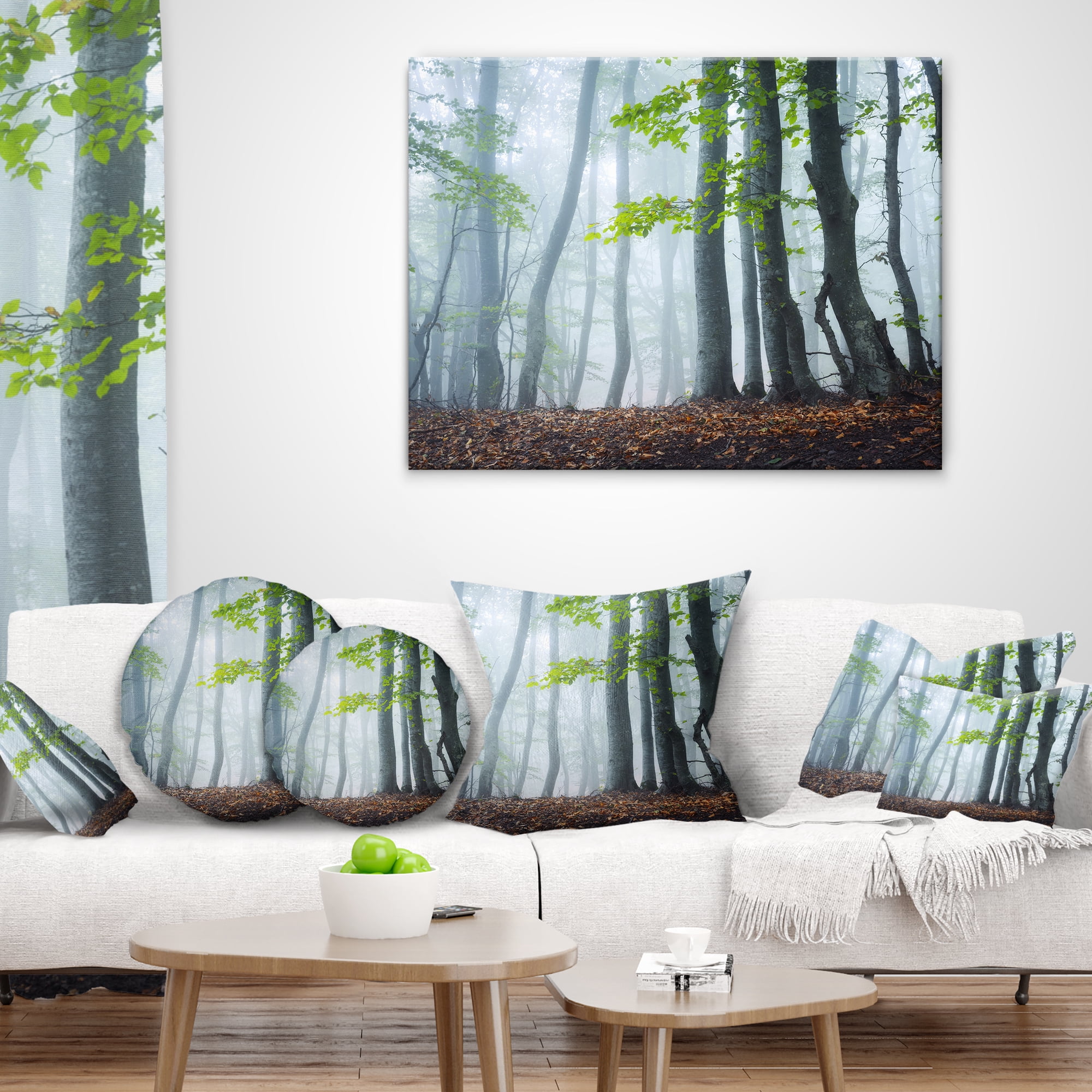 Designart Green Leaves in Old Forest - Landscape Photography Throw Pillow - 16x16