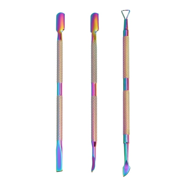 Unique Bargains Juego de empujadores de cutículas de 3 piezas, herramienta removedora de cutículas de doble cabezal de acero inoxidable, empujador de manicura, colores surtidos