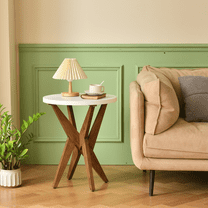 Farmhouse-style Solid Wood Crossed Legs Round Table, Boho Small Side Table with a White Top, Modern Wooden Bedside Table suitable for Bedroom, Living room, and Small Spaces, Easy to Assemble