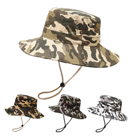 Helii Unisex Camo Boonie Hat UPF 50 Waterproof Wide Brim Fishing Sun Hat, Quick Dry Breathable Mesh Safari Bucket Hat with Adjustable Chin Strap for Hiking Camping Green,One Size