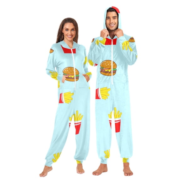 Burgers and Fries Adult onesie Pajamas, Crystal Velvet Ultra Soft Warm Jumpsuit for Men and Women