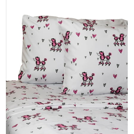 Kidz Mix Paris Poodle Hearts White & Pink Kids Bed Sheet Set, Multiple Sizes