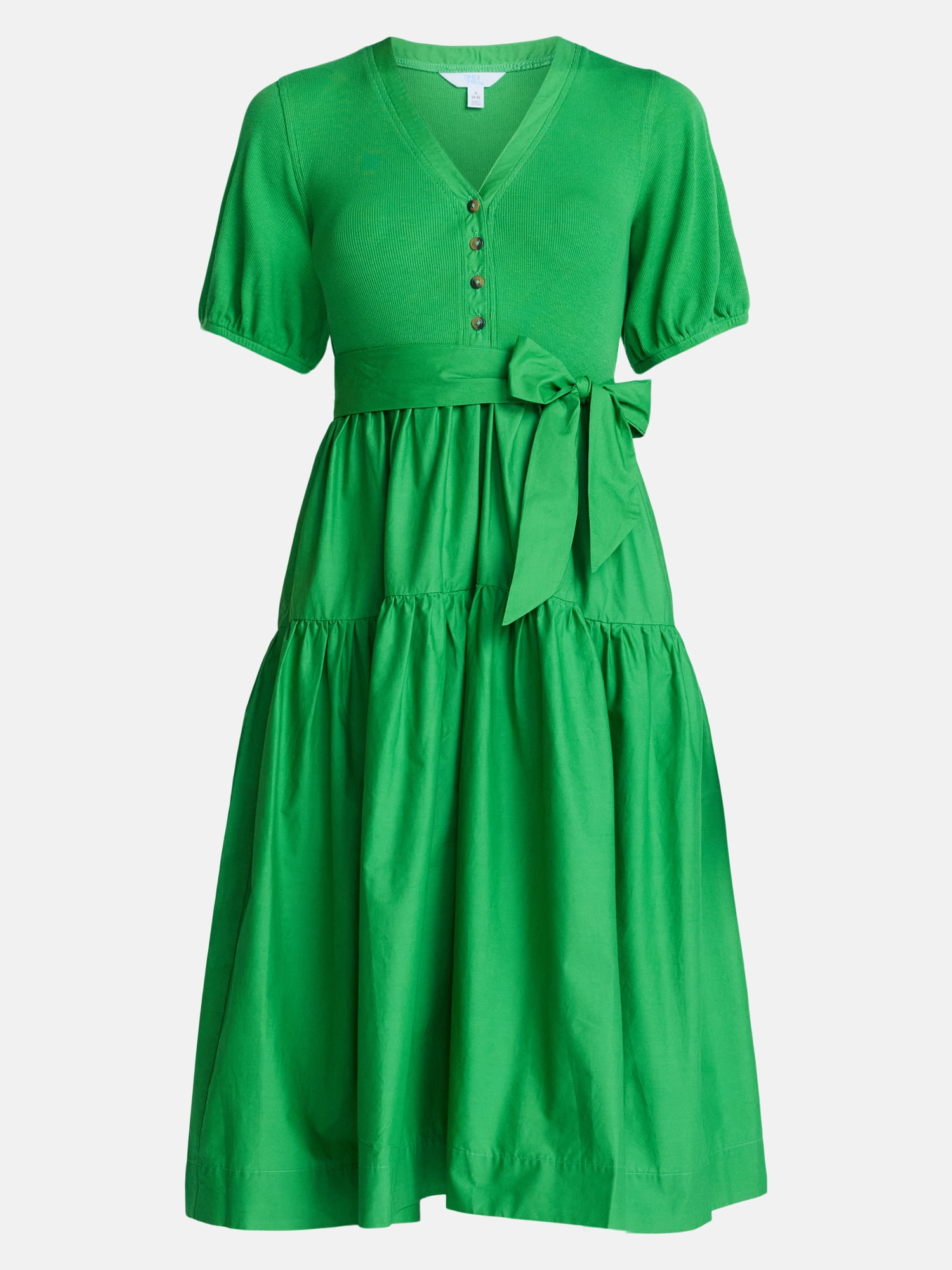 Time and Tru Women's Mixed Media Midi Dress with Puff Sleeves, Sizes XS-XXXL