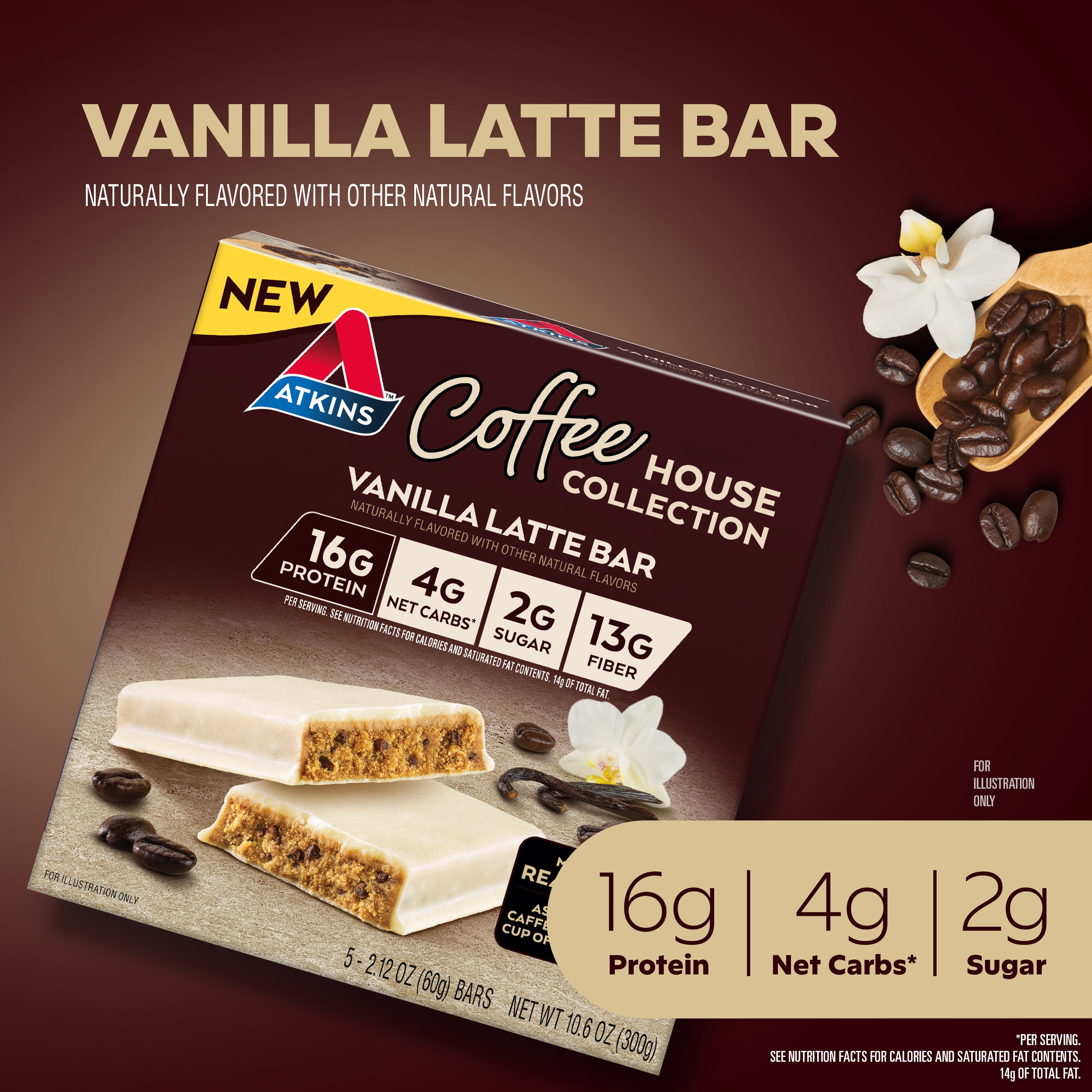 (3 pack) Atkins Protein-Rich Meal Bar, Coffee House Vanilla Latte Bar, Keto Friendly, 5 Count