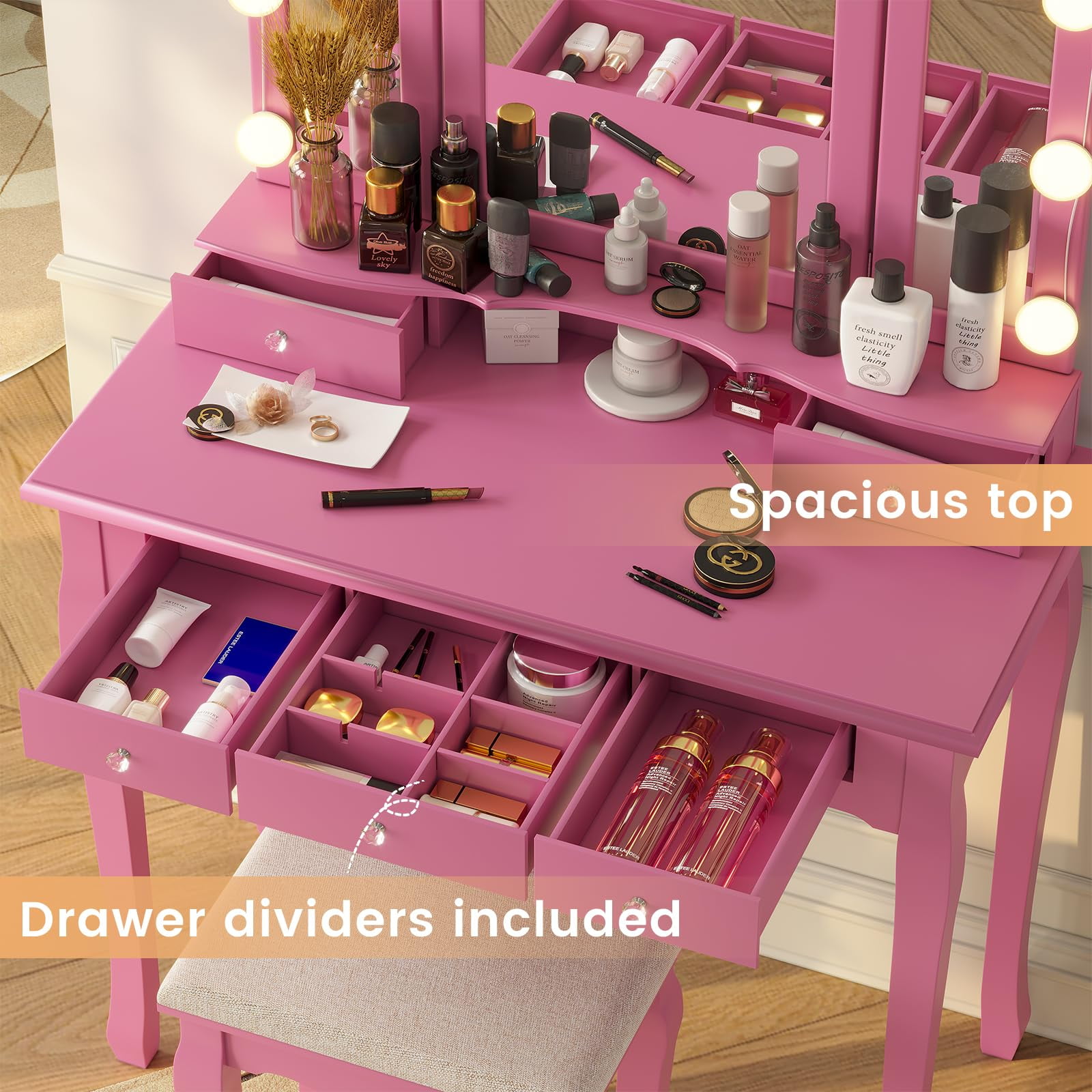 Afuhokles Vanity Table Set with Lighted Tri-Fold Mirror and Stool, Makeup Vanity Dressing Desk 5 Drawers, Pink