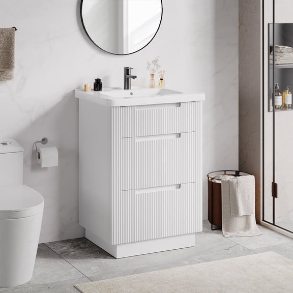 24 inch Bathroom Vanity with Ceramic Sink, Modern Floor Vanity Sink Cabinet with 3 Drawers, Fluted Free Standing Bathroom Storage Cabinet with Sink Combo Set, White