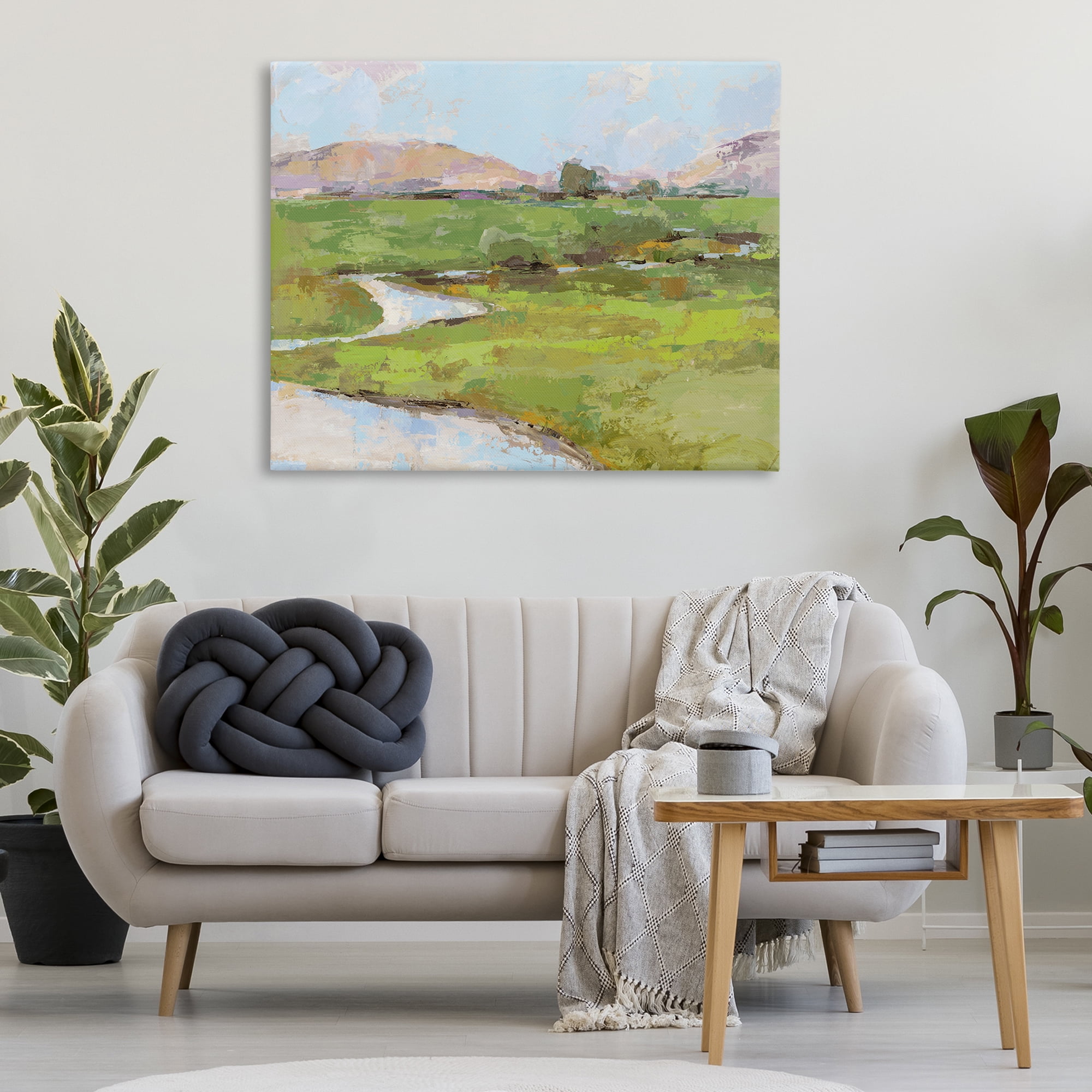 Stupell Industries Hillside Winding Stream Landscape Painting Gallery Wrapped Canvas Art Print Wall Art, 48 x 36