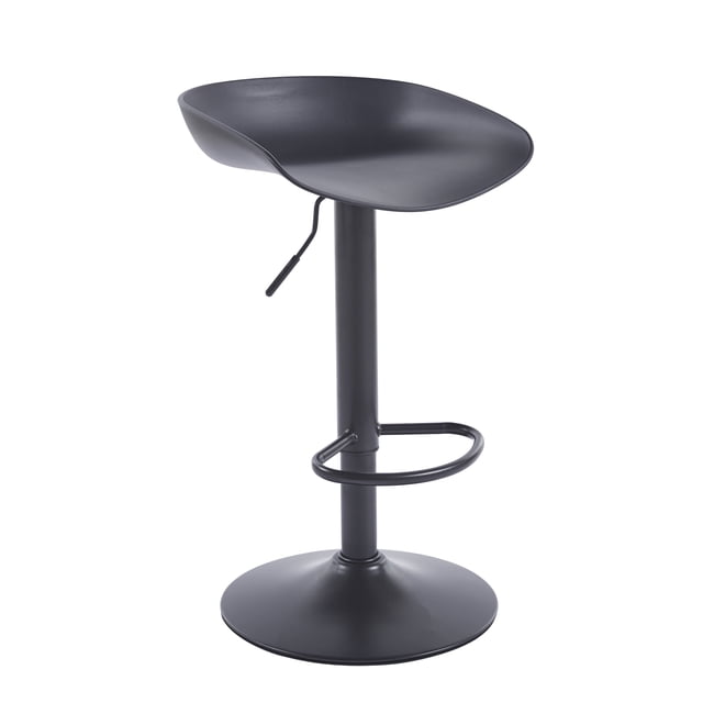 silla shell para bar o para barra de cocina giratoria con respaldo reposapiés base metálica altura ajustable y ideal para barra de comedor cocina o bar 1 pza Negra Mirel, vista frontal 3/4 sobre fondo blanco. Banco alto con asiento shell de plástico resistente (100% PP) y respaldo integrado de 11 cm; asiento 35 x 35 cm, profundidad total 43.5 cm. Columna de acero con palanca para ajustar altura 54–75 cm, reposapiés ovalado y base circular Ø 38.5 cm; capacidad 150 kg. Suele emplearse también como taburete para islas de cocina o mostradores.