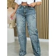 thumbnail image 3 of Denim Jeans for Women Stretch Mid Rise Button Elastic Waist Jeans Cross Embellished Wide Leg Jeans Perfect for Edgy Casual Streetwear Looks, 3 of 7