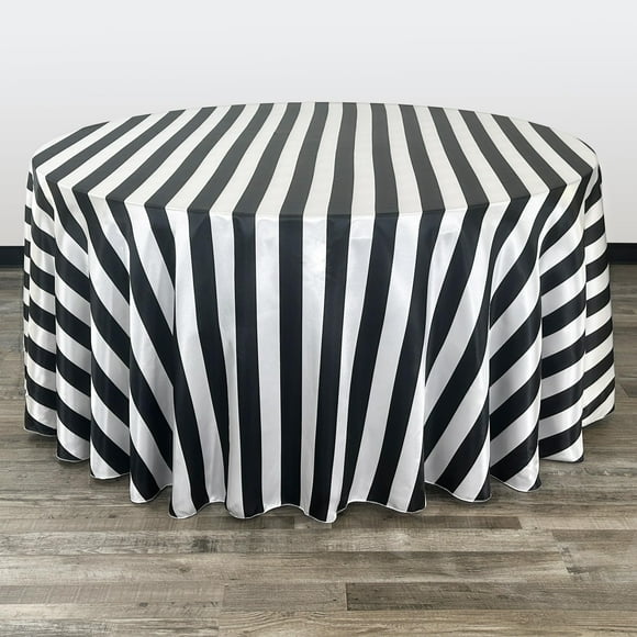 Fundas Para Sillas: Mantel Redondo De Satén De 132 Pulgadas, Manteles Redondos A Rayas Blancas Y Negras Para Mesas De Banquete De 6 Pies