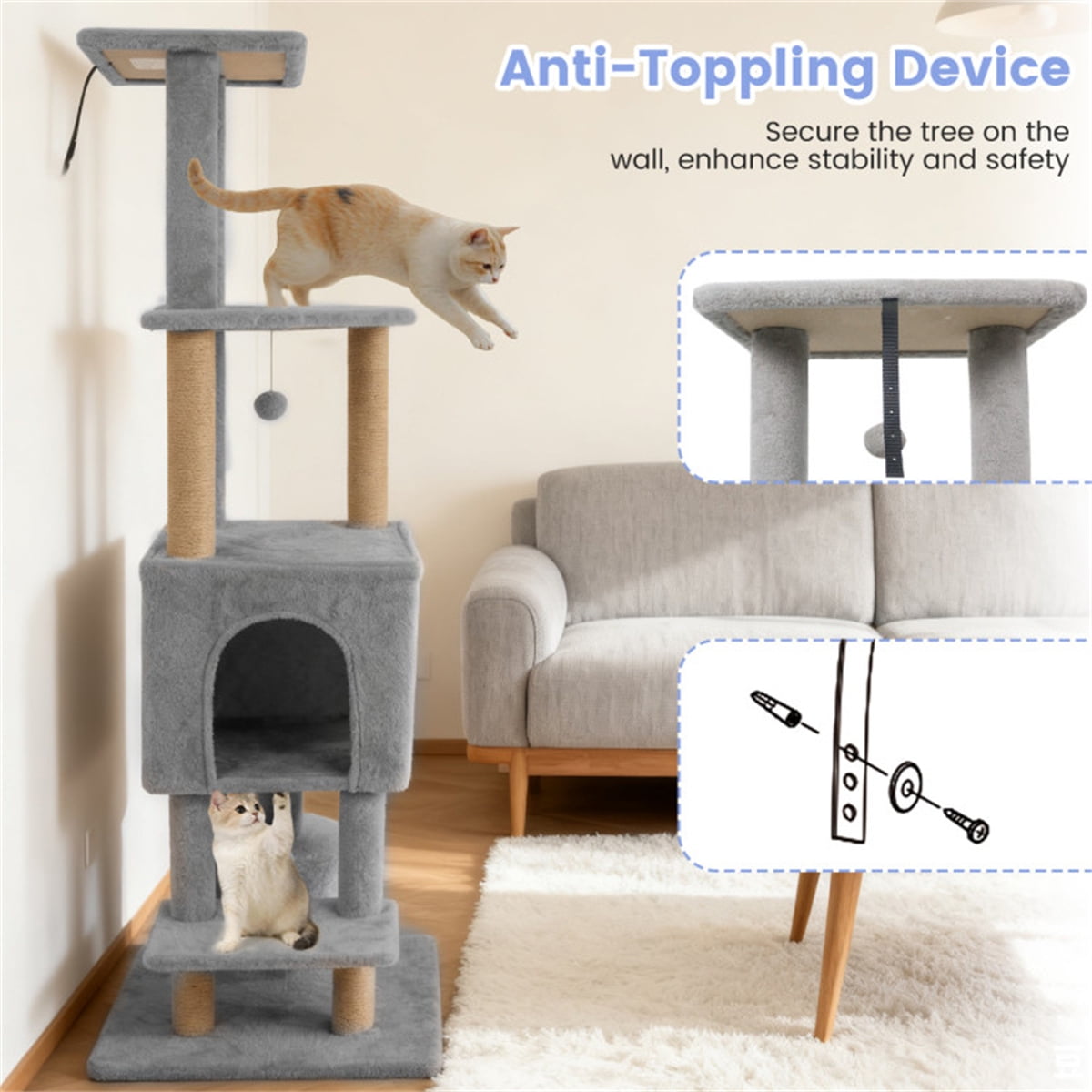 Light Gray 64 Inch Cat Tower with Plush Perches 3 Dangling Balls Jute Scratching Posts and Anti Tipping Device for Multi Cat Households