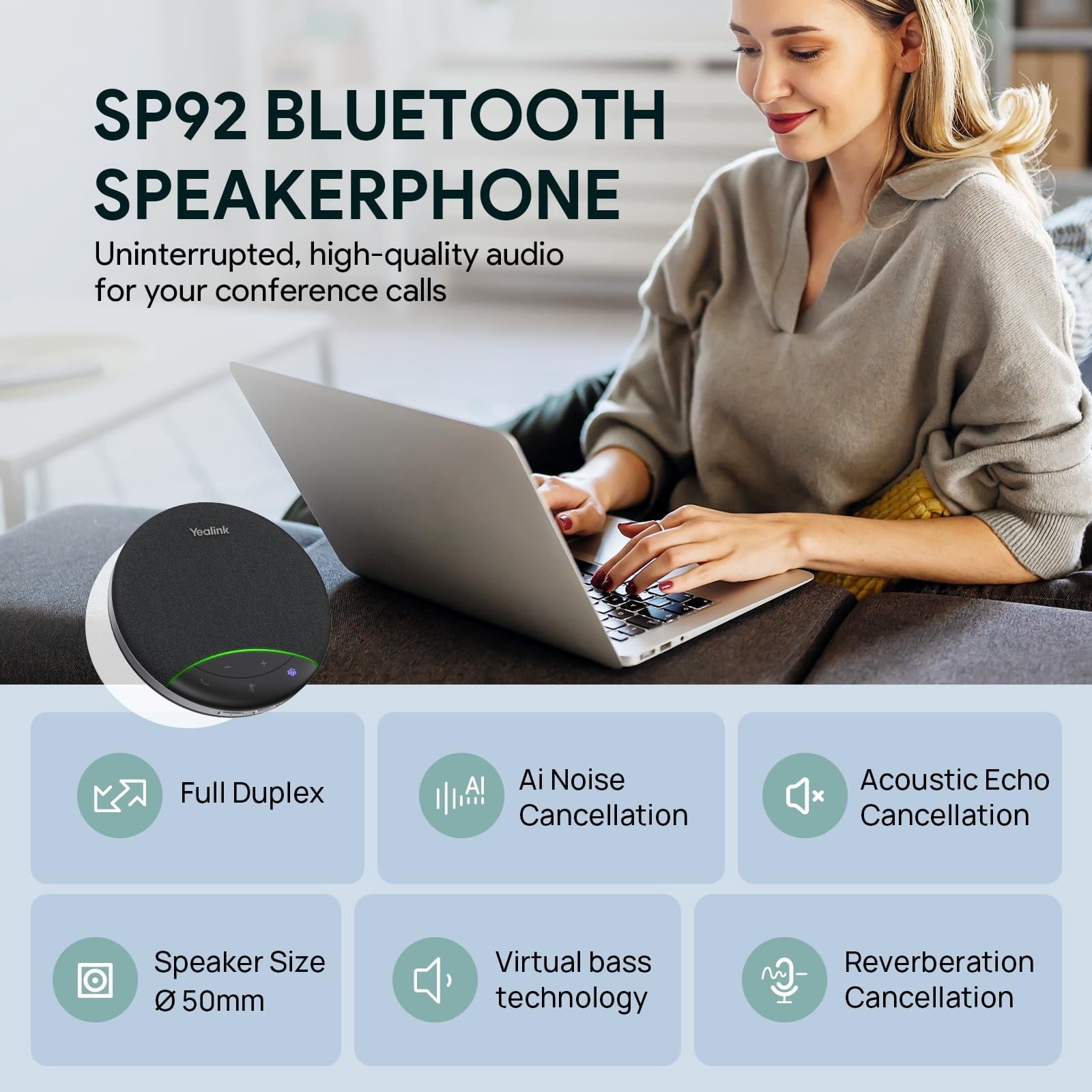 Yealink SP92 USB-C-A Bluetooth Speaker & Microphone with Dongle - Conference Speakerphone for Teams - Black