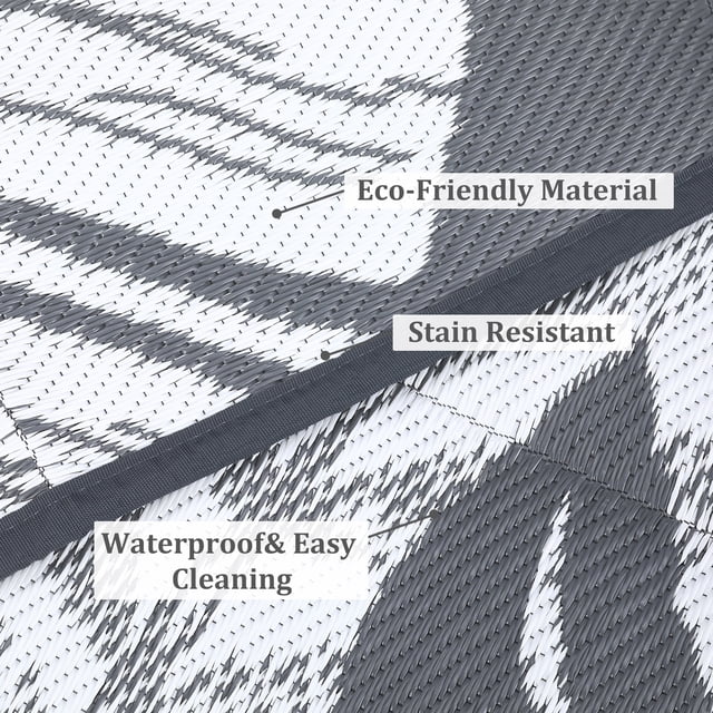 Tapis d'Extérieur – Tapis Moderne Imperméable en Paille Plastique 10x14 – Grande Feuille de Palmier Tropicale – Réversible – Camping, Porche, Terrasse, Balcon et Plage – Intérieur/extérieur, Gris Blanc