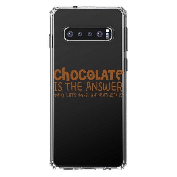 DistinctInk Clear Shockproof Hybrid Case for Samsung Galaxy S10  PLUS (6.4" Screen) - TPU Bumper Acrylic Back Tempered Glass Screen Protector - Chocolate is the Answer Who Cares Question